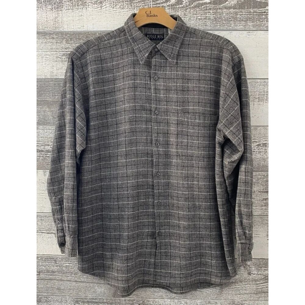 Bugle Boy Flannel Shirt Men's XL Button Up Pure Cotton Checkers Gray Plaid